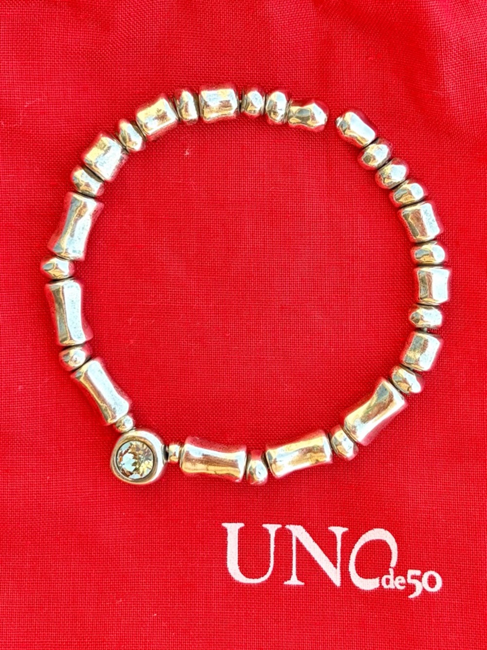 UNOde50 Silver Nugget Bead Bracelet with White Crystal Charm RARE